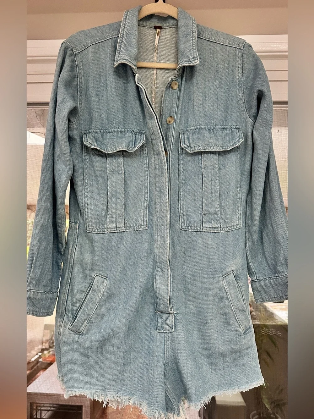 Free People Light Blue Denim Romper Shorts